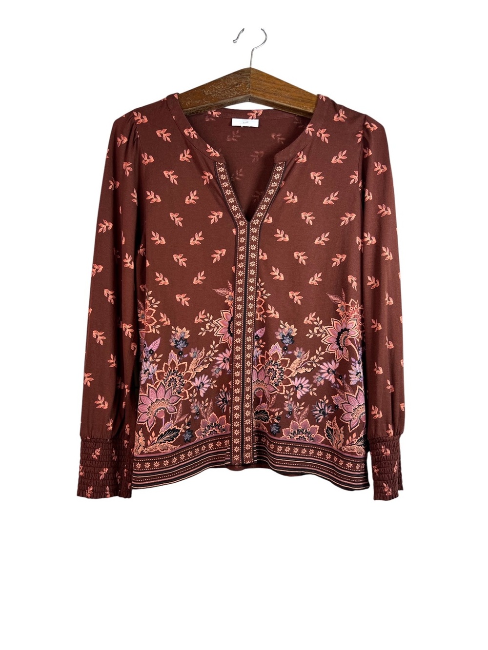 J Jill Women Blouse Brown Floral Bohemian V-Neck Artsy Long Sleeve Size S Boho
